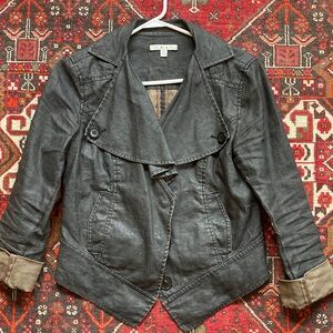 CAbi Charcoal waxed Jean Jacket blazer 100% linen pockets snaps